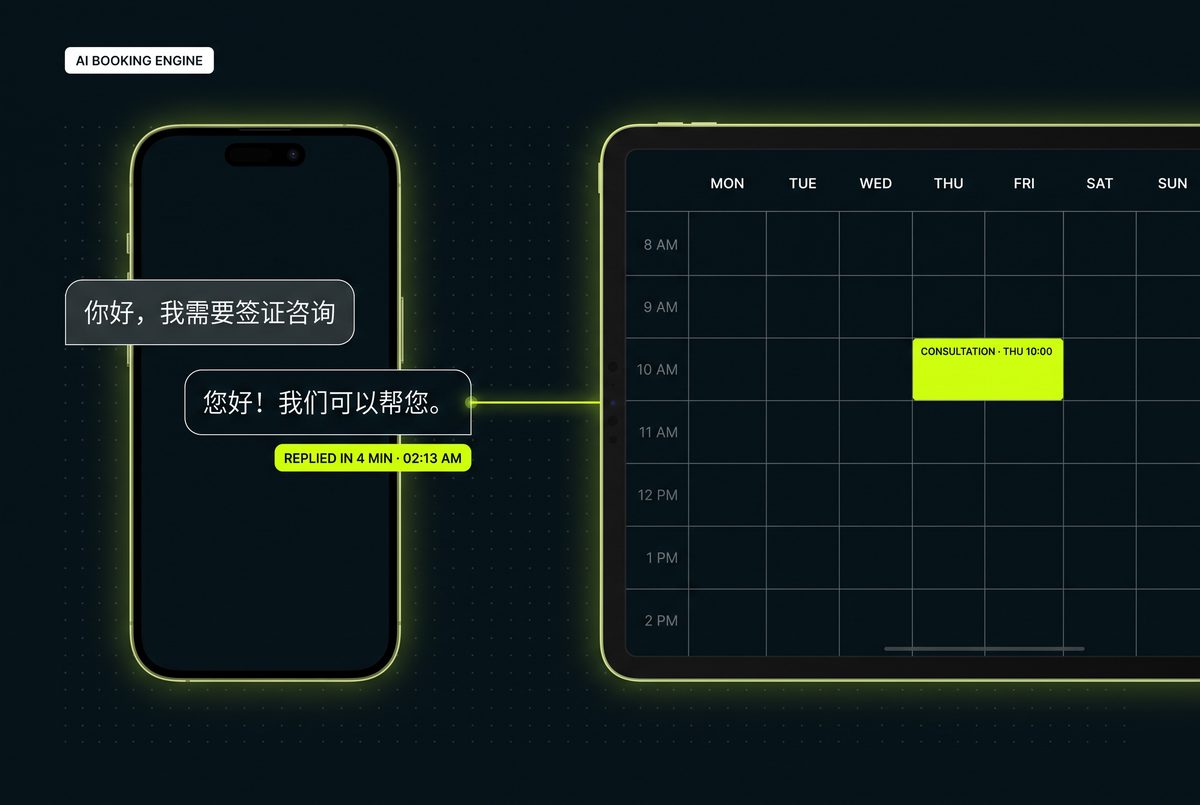Phone chat in Chinese answered in four minutes at 2:13 AM, linked to a calendar with a consultation booked for Thursday 10:00.