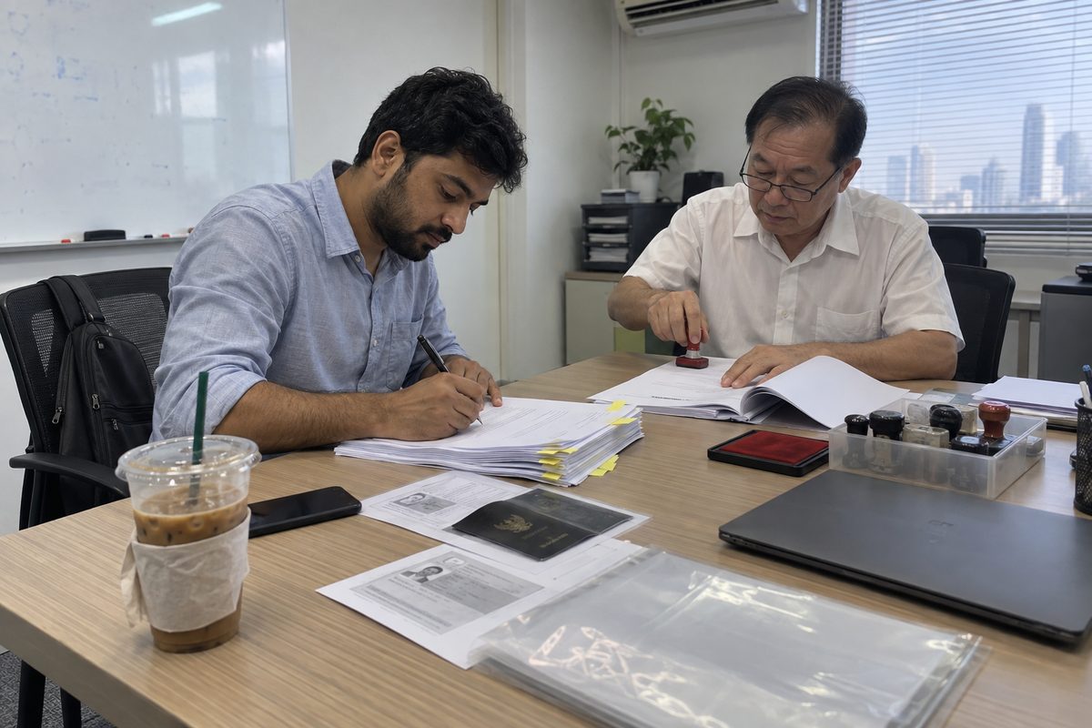 A foreign founder signing company-registration papers while a Thai consultant stamps each page with the company seal.