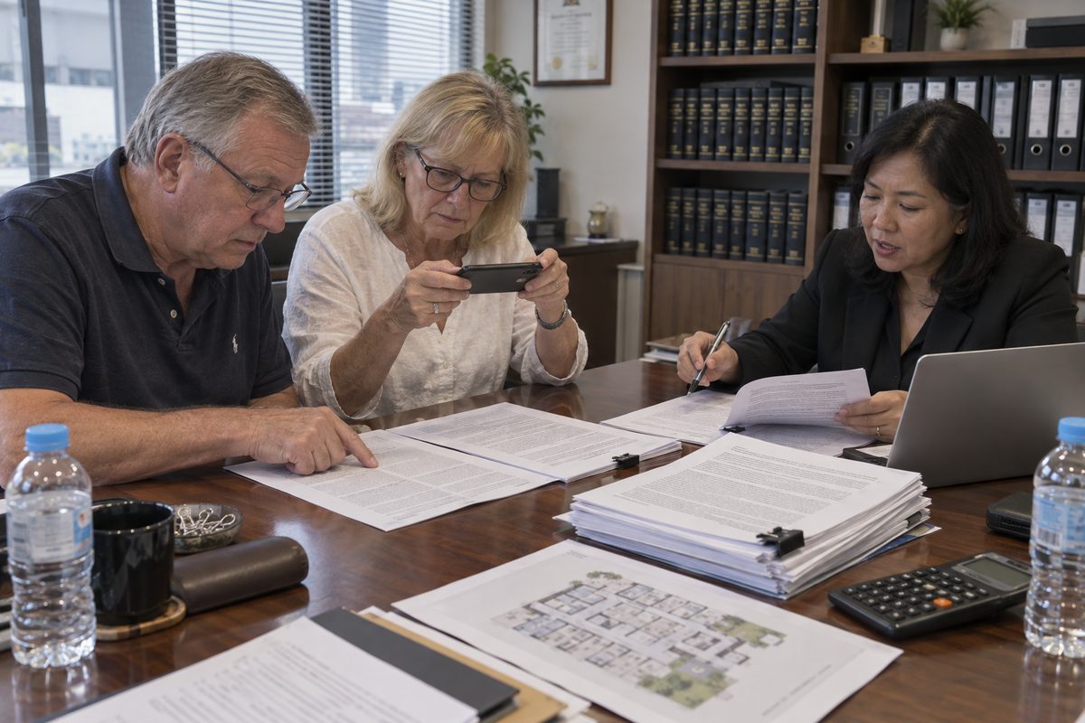 A Thai lawyer walking an older foreign couple through a bilingual property contract in a Bangkok law office.