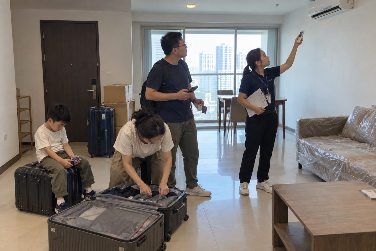 A relocation consultant showing a newly arrived foreign family how their Bangkok condo works on moving-in day.